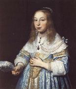 Bartholomeus van der Helst Portrait of a Girl in Pale Blue with an Ostrich Feather Fan oil painting